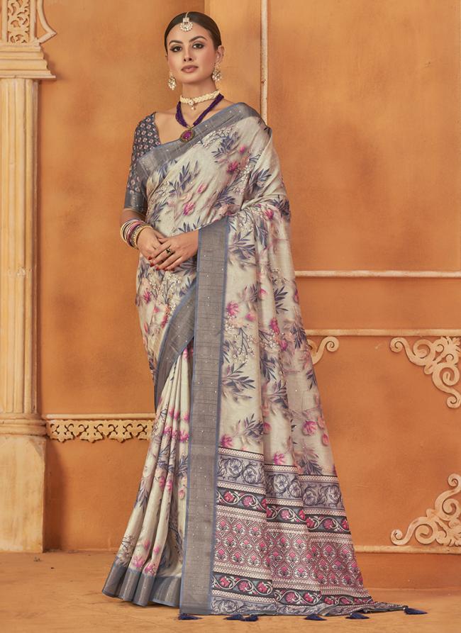 Silk Biege Festival Wear Digital Print Saree